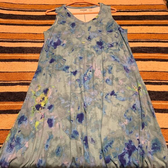 LOGO Maxi Dress Blue watercolor Handkerchief Hem Medium Artsy Flowy Costal Beach - Picture 1 of 6